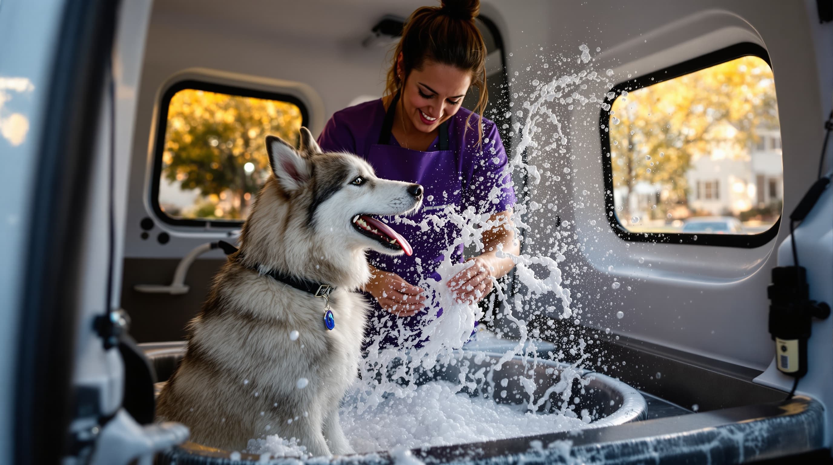 Garden State Paws mobile grooming van in Edison NJ driveway