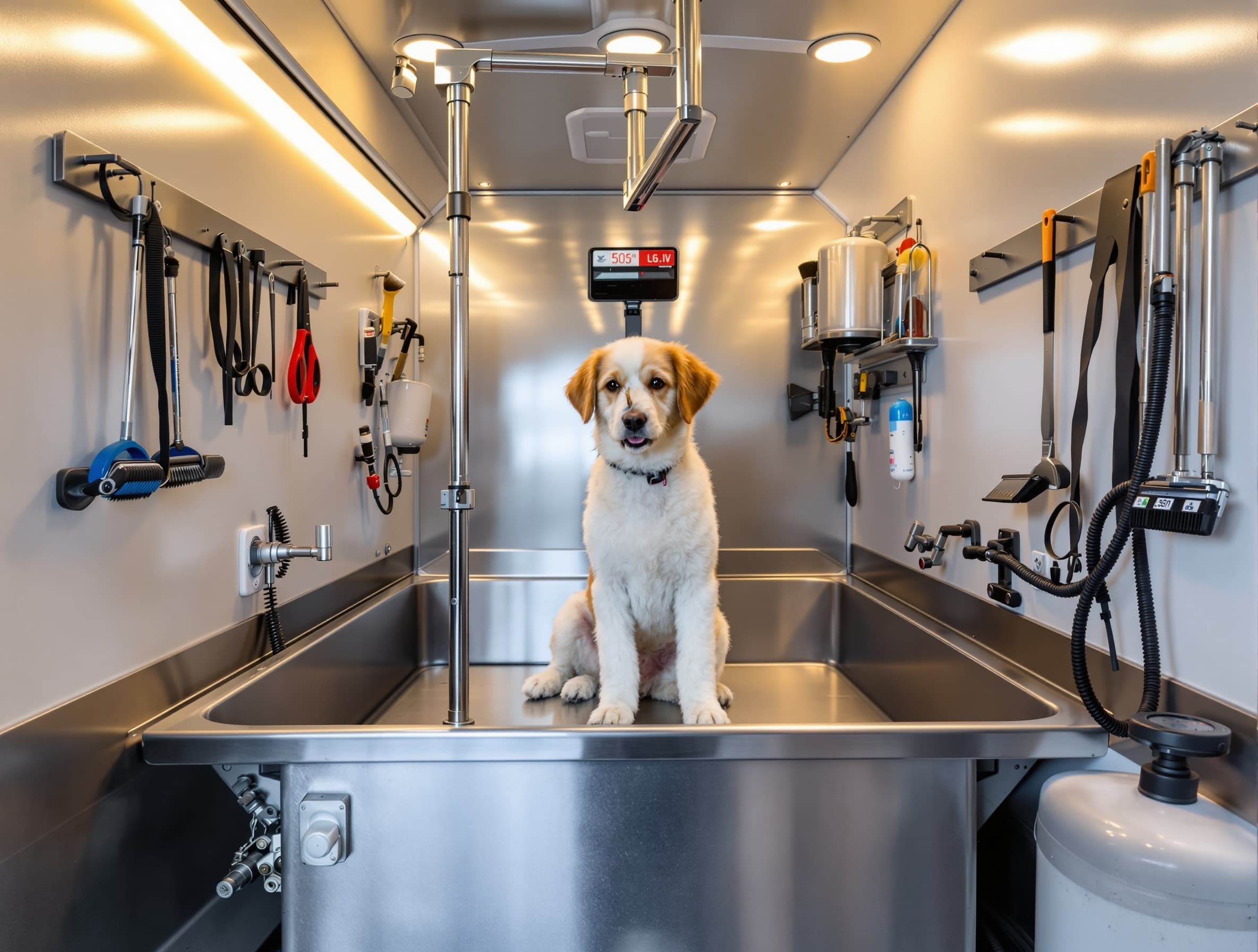 Mobile dog grooming van interior